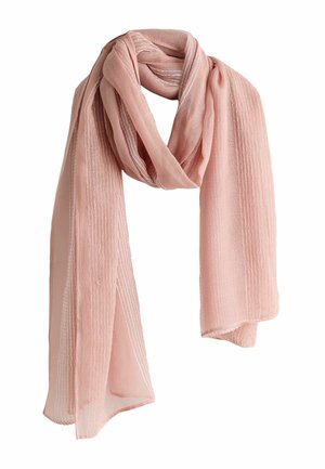 Svetloružový priesvitný šál s vertikálnymi bielymi prešitými pásikmi, voľne slučkovaný a zavesený na bielom pozadí.
