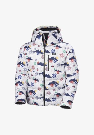 Witte winterjas met capuchon, voorzien van kleurrijke sneeuwvlok- en geometrische patronen, ritssluiting aan de voorkant, borstzak en Helly Hansen-logo op de borst.
