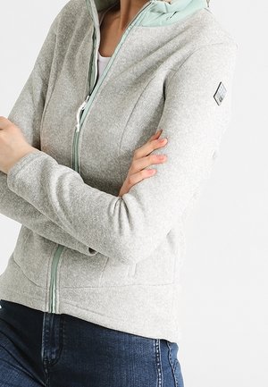 Osoba ubrana w jasnoszarą bluzę rozpinaną na zamek z miętowym podszyciem kaptura oraz ciemnoniebieskie dżinsy, z rękami skrzyżowanymi na piersi.