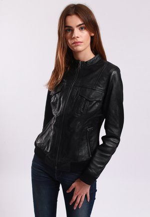 LEATHER JACKET WITH ROUND COLLAR - 2 ZIPPED SIDE POCKETS - - Veste en cuir - black