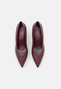 Talons hauts en cuir bordeaux avec un design à bout pointu, une texture lisse et une silhouette simple, dotés d'une semelle intérieure rembourrée.