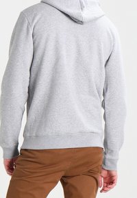 Grå hoodie med snodd i huvan, ribbade muddar och avslut, tillverkad av mjukt material, visad bakifrån, ihopparad med bruna byxor.