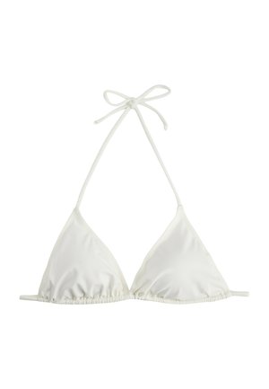 Biały trójkątny top od bikini z cienkimi, regulowanymi ramiączkami wiązanymi na szyi i plecach, wykonany z gładkiego materiału.