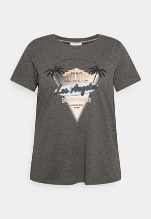 Donkergrijs T-shirt met korte mouwen, bedrukt met een driehoekige afbeelding van palmbomen en de teksten "Los Angeles", "Endless Summer" en "Vacation Mood Est 1995".