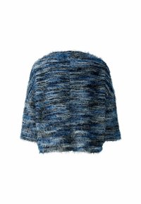 Gestreifter blauer Strickoberteil mit einem kurzen Design, das kurze Ärmel und eine Mischung aus dunkelblauen und hellblauen horizontalen Streifen aufweist.