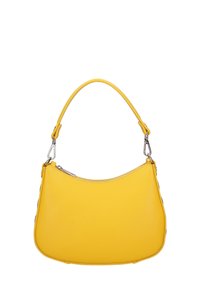 Sac à main en cuir jaune avec une forme courbée, une seule bandoulière et une fermeture zippée sur le dessus, avec du matériel en acier inoxydable et une texture lisse.