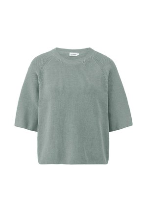 Strick-Shortsleeve-Pullover in sanftem Salbeigrün mit Rundhalsausschnitt und dezenten Rippenstrick-Details an Ärmeln und Kragen.