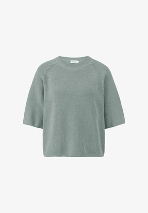 Strick-Shortsleeve-Pullover in sanftem Salbeigrün mit Rundhalsausschnitt und dezenten Rippenstrick-Details an Ärmeln und Kragen.