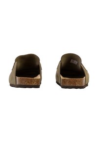 Brune slip-on sko med en glat læderoverdel og en tekstureret korksål, med en rundet bagende og åben design.