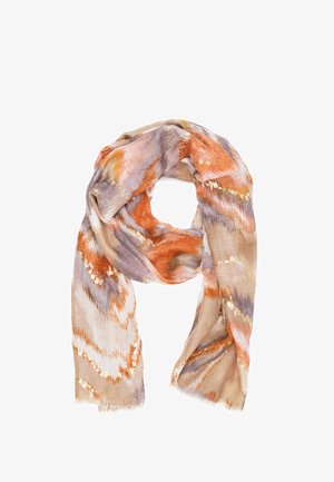 Sciarpa multicolore con motivi astratti arancioni, viola e beige. Realizzata in tessuto leggero con bordi frangiati.