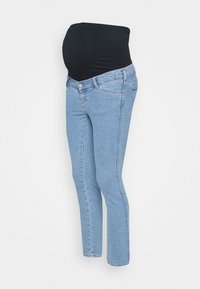 Jeans de maternidade em denim azul claro com um painel elástico preto na cintura, ajuste Slim e design padrão de cinco bolsos.