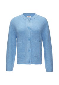 Hellblaues Strickjacke aus strukturiertem Stoff, mit runder Halslinie, fünf Knöpfen und zwei vorderen Taschen.