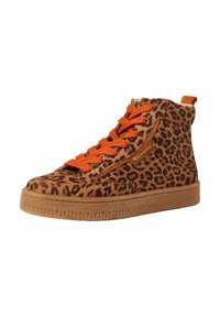 Baskets montantes à imprimé léopard avec des lacets orange, en suède brun, semelle en caoutchouc et un design texturé sur la semelle pour une meilleure adhérence.