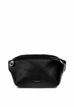 Black leather toiletry bag with curved shape, zip closure, and embossed logo on front. Smooth texture and soft edges. Compact design.
