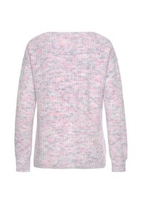 Pullover-Sweater aus weichem, strukturiertem Strick in einer pastelligen Farbmischung aus Rosa, Blau und Weiß. Mit Rundhalsausschnitt und langen Ärmeln.