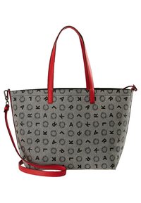 Sac fourre-tout gris avec motifs de logo circulaires noirs, poignées en cuir rouges et bandoulière réglable.