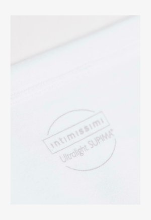 White fabric with a soft texture featuring a printed logo "intimissimi Ultralight SUPIMA®" in light gray. Edge of fabric is seamless.