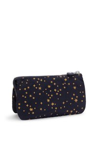 Navy blue pouch made of fabric, featuring a star pattern in gold. It has a zip closure and a rounded shape. Compact and portable design.
