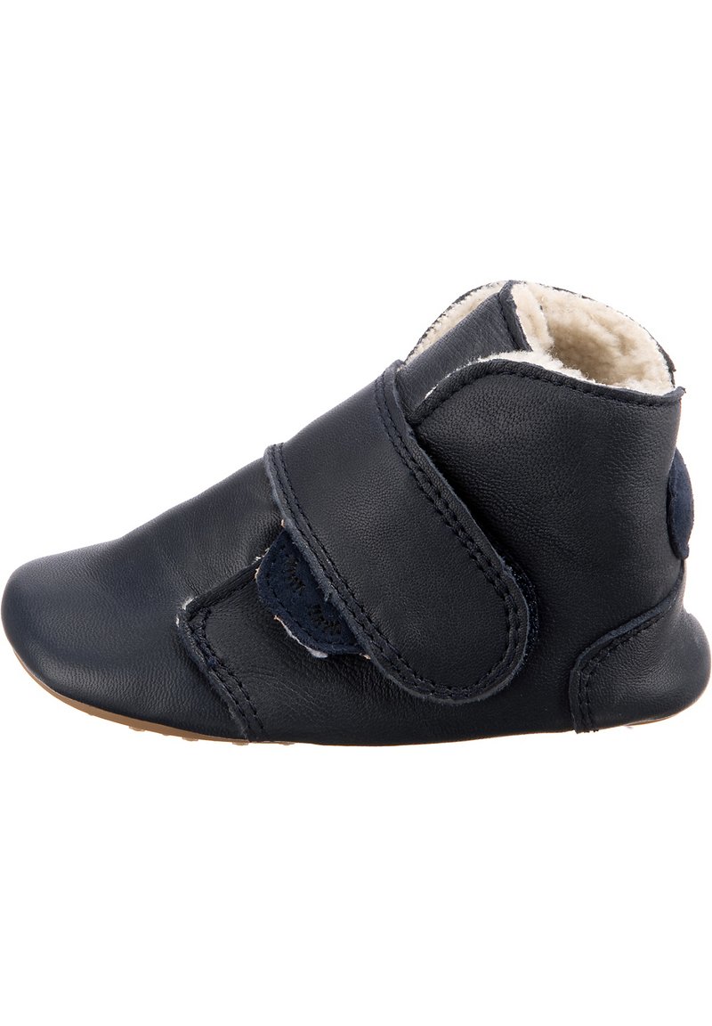 Blaue Lederstiefelette mit weicher Innenausstattung, ausgestattet mit einem Klettverschluss und einer glatten Oberfläche. Runde Zehenpartie und flexible Sohle.
