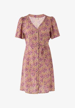 Vestido corto de flores de manga corta en amarillo con patrones en rosa y púrpura, con escote en V, cierre de botones y detalle de cintura anudada.