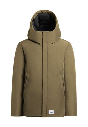 Olive green puffer jacket with a high collar and large hood. Features two zippered side pockets and a logo patch at the hem. Smooth texture.