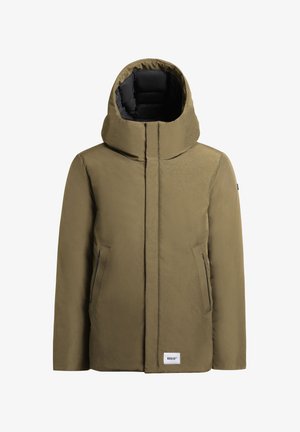 Olive green puffer jacket with a high collar and large hood. Features two zippered side pockets and a logo patch at the hem. Smooth texture.