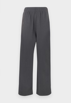 Tmavě šedé kalhoty s širokými nohavicemi vyrobené z měkké látky, s elastickým pasem a bez viditelných vzorů či kovových doplňků.