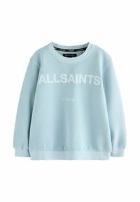 Felpa azzurra con collo rotondo, polsini e orlo a costine, con la scritta "ALLSAINTS" e "LONDON" stampata sul davanti in bianco.