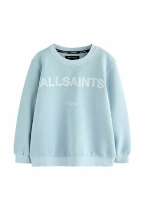 Vaaleansininen collegepaita, jossa on pyöreä kaula-aukko, ribbaustaskut ja helma. Paidassa on edessä valkoisella tulostettuna "ALLSAINTS" ja "LONDON".