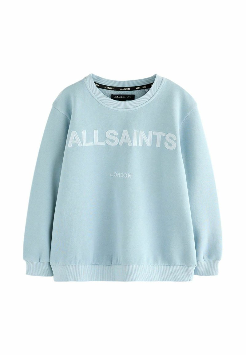 Felpa azzurra con collo rotondo, polsini e orlo a costine, con la scritta "ALLSAINTS" e "LONDON" stampata sul davanti in bianco.