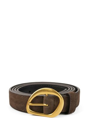 Brown suede belt with a gold oval buckle, featuring a smooth finish, multiple holes for adjustment, and a stitched edge detail.