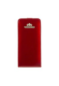 Portefeuille en cuir rouge avec une finition brillante, arborant un logo doré et des coutures blanches contrastantes le long des bords. Design vertical et forme élégante.