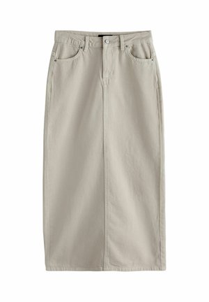 Beige Midirock mit hoher Taille, vorne mit Knöpfen und Reißverschluss, zwei Vordertaschen, Gürtelschlaufen und geradem Schnitt.