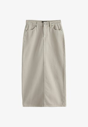 Bézs magas derekú midi szoknya elöl gombokkal és cipzárral, két elülső zsebbel, övbújtatókkal és egyenes szabással.