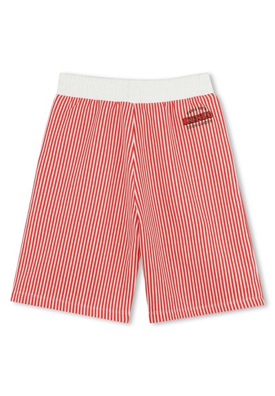 Rode en witte gestreepte shorts met een elastische tailleband, voorzien van een klein zwart logo aan de linkerkant. Lichtgewicht stof en knielange pasvorm.