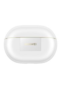 Weißes Ladecase mit elegantem ovalen Design, goldenen Akzenten und einem silbernen Panel, das das "HUAWEI"-Logo in einer strukturierten Oberfläche zeigt.