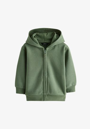 Grøn zip-up hoodie lavet af blødt stof. Har hætte, ribbede manchetter og kant. Foran lynlås lukning med en matchende lynlås trækker.