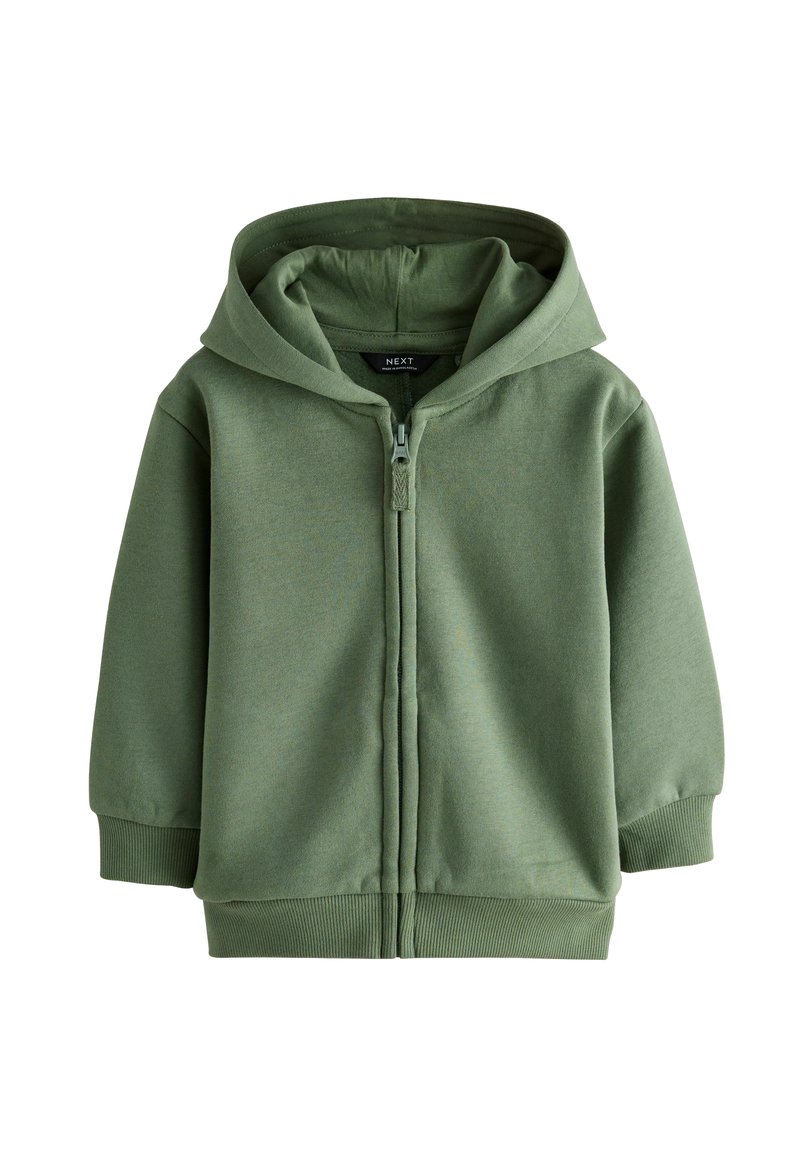 Grøn zip-up hoodie lavet af blødt stof. Har hætte, ribbede manchetter og kant. Foran lynlås lukning med en matchende lynlås trækker.