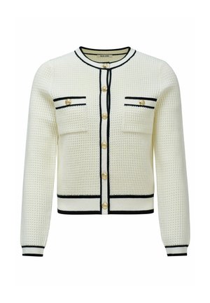 Cárdigan blanco con textura y ribetes negros, que presenta dos bolsillos frontales y botones en tono dorado. Diseñado con un cuello redondo y mangas largas.
