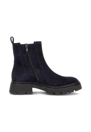 Dunkle Wildleder-Stiefelette mit seitlichem Reißverschluss, klobiger schwarzer Sohle, Ziehlasche an der Ferse und sichtbaren Nähten, im Profil auf weißem Hintergrund abgebildet.