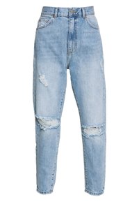 Ljusblå högmidjade slitna denimjeans med trasiga hål på låren och knäna, klassisk femficksmodell och knappstängning.