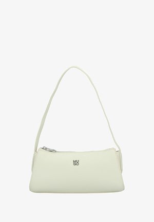 Borsa a tracolla in pelle bianca con forma triangolare, un'unica tracolla e chiusura con zip. Presenta un logo discreto sulla parte frontale.