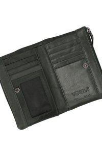 Dark green leather wallet with multiple card slots, a mesh ID window, and a branded emblem. Features a zip closure and smooth texture.