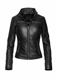 Črna usnjena jakna z visokim ovratnikom, z zadrgo zakasnjenimi žepi in podrobnim šivanjem. Oblikovanje vključuje oprijete rokave in eleganten silhuet.