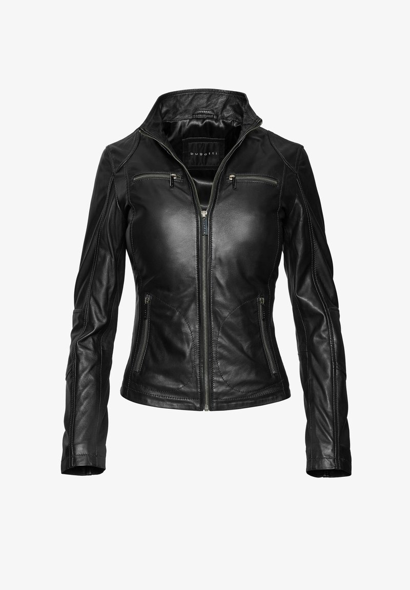 Črna usnjena jakna z visokim ovratnikom, z zadrgo zakasnjenimi žepi in podrobnim šivanjem. Oblikovanje vključuje oprijete rokave in eleganten silhuet.