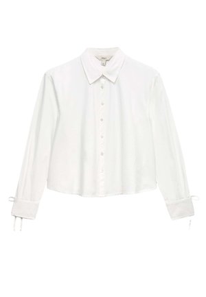 Camicia bianca a maniche lunghe con bottoni, colletto a punta e laccetti ai polsini, orlo corto e tessuto dalla texture liscia.