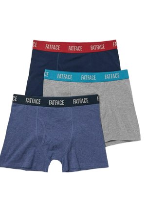 Three men's boxer briefs in navy blue with red waistband, grey with turquoise waistband, and blue with black waistband, all branded "FatFace."