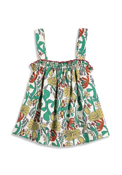 Débardeur pour filles avec encolure élastique, présentant un motif floral et feuilles coloré en vert, jaune, orange et violet sur tissu blanc.