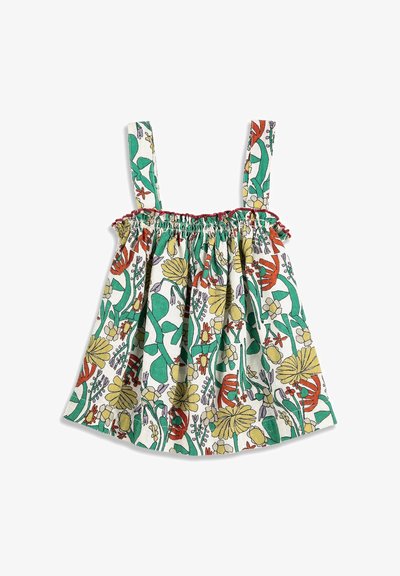 Débardeur pour filles avec encolure élastique, présentant un motif floral et feuilles coloré en vert, jaune, orange et violet sur tissu blanc.