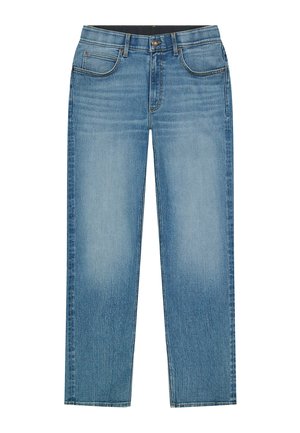 Niebieskie jeansy o prostych nogawkach z pięcioma kieszeniami, przetartym efektem na przednich udach, szlufkami na pasek i zapięciem na guzik.